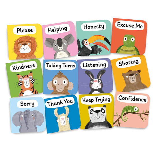 Set of educational children's cards with animal illustrations and moral lessons on a white background