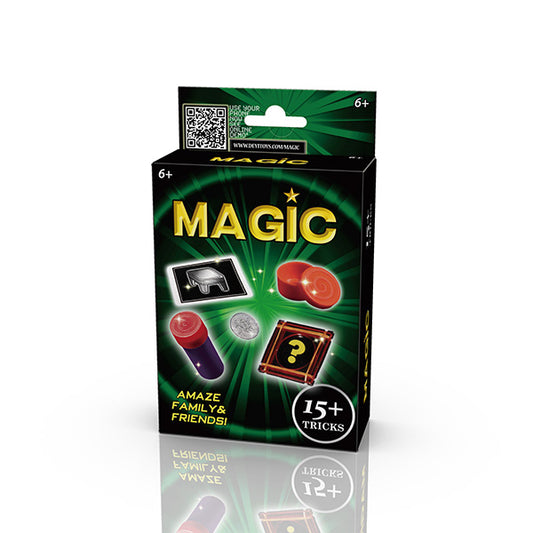 Box of magic tricks with colorful illustrations on a white background