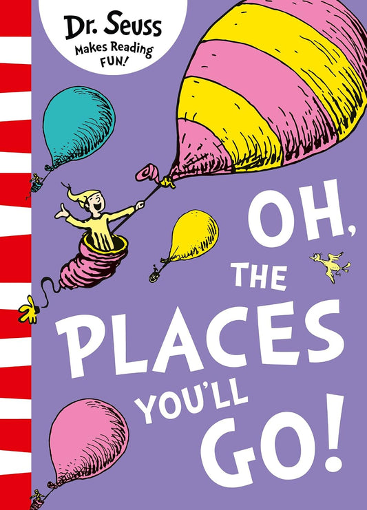 Oh, the Places You'll Go! by Dr. Seuss paperback cover, purple, with a child floating in a hot air balloon