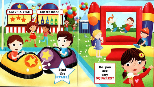 Illustrations of children at a carnival and in a bouncy castle with text prompts.