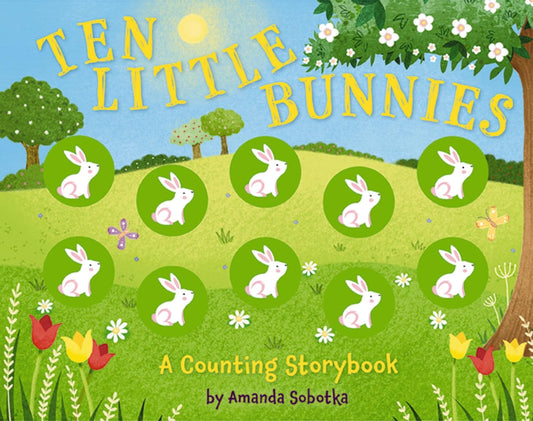 Book cover of 'Ten Little Bunnies' with bunnies in green circles on a grassy field background.
