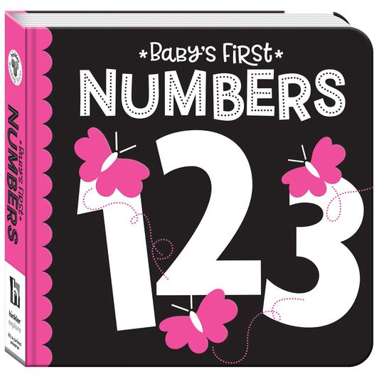 Book titled 'Baby's First Numbers 123' with pink butterflies on a black background