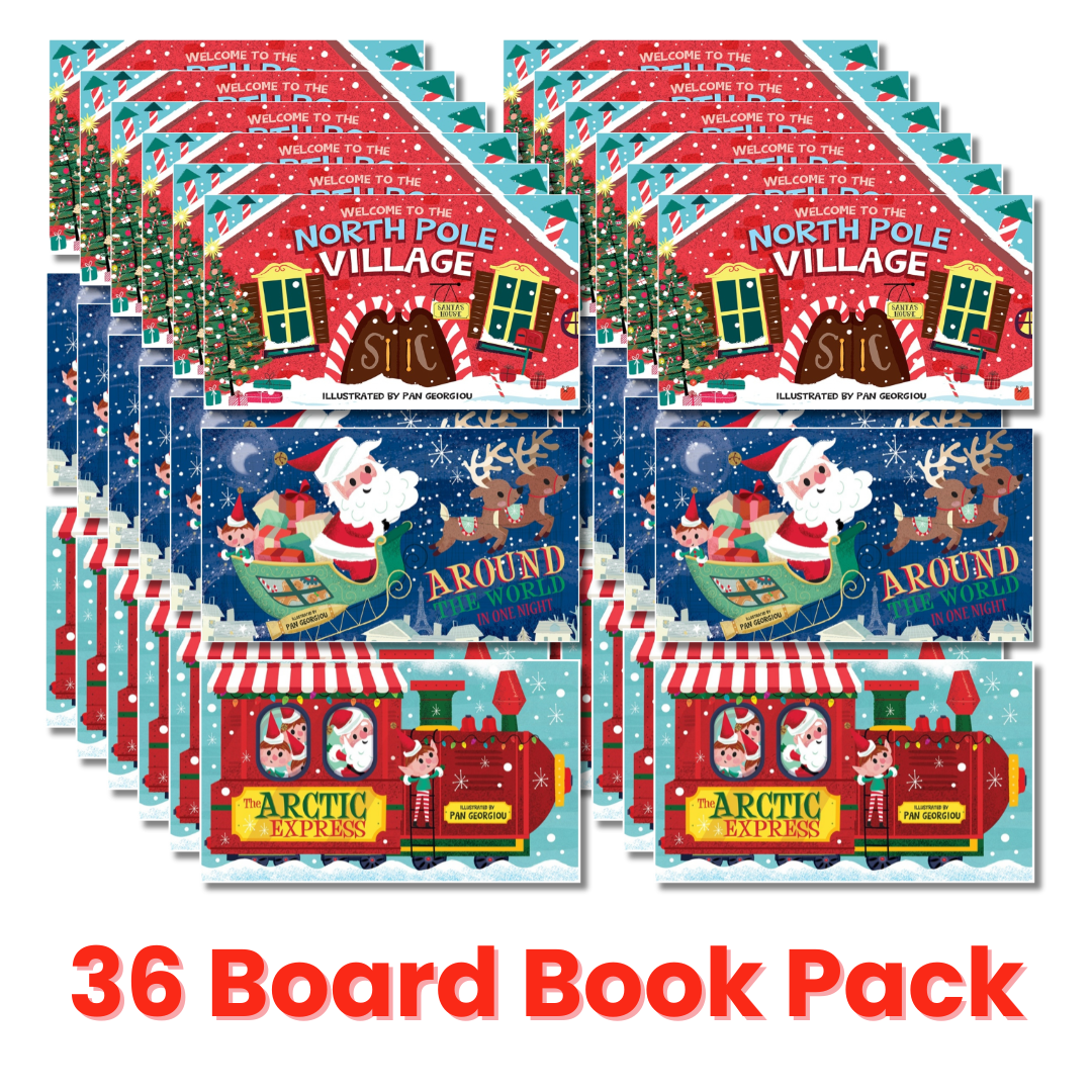 Packaging of Christmas-themed board books with Santa Claus and reindeer design, labeled '36 Board Book Pack'.