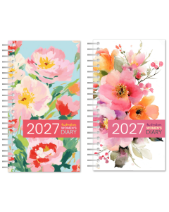 Two spiral-bound 2027 daily planners shown side by side. The left planner has a pastel floral cover with pink, peach, and red flowers on a light blue background.