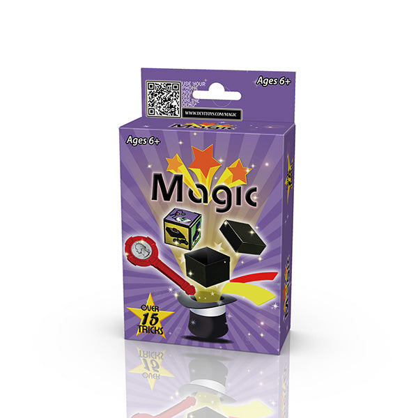 Purple packaging of a magic toy set with colorful illustrations on a white background