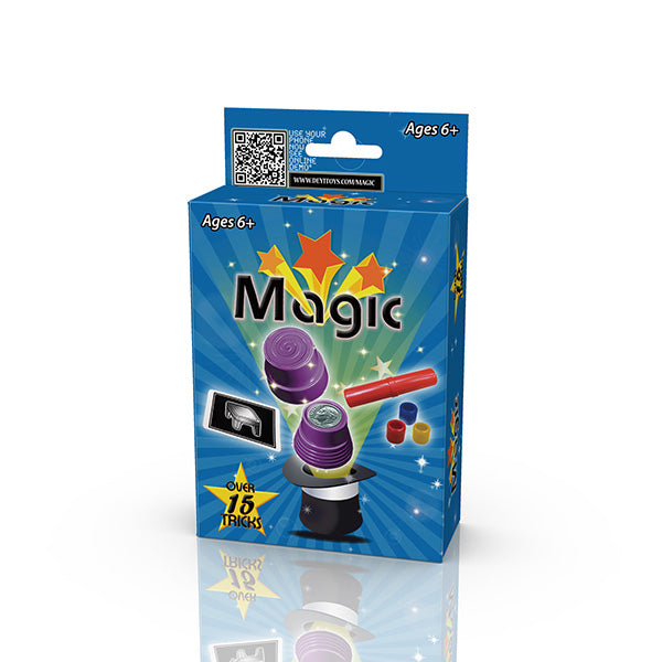 Blue packaging of a magic toy set with colorful elements on a white background
