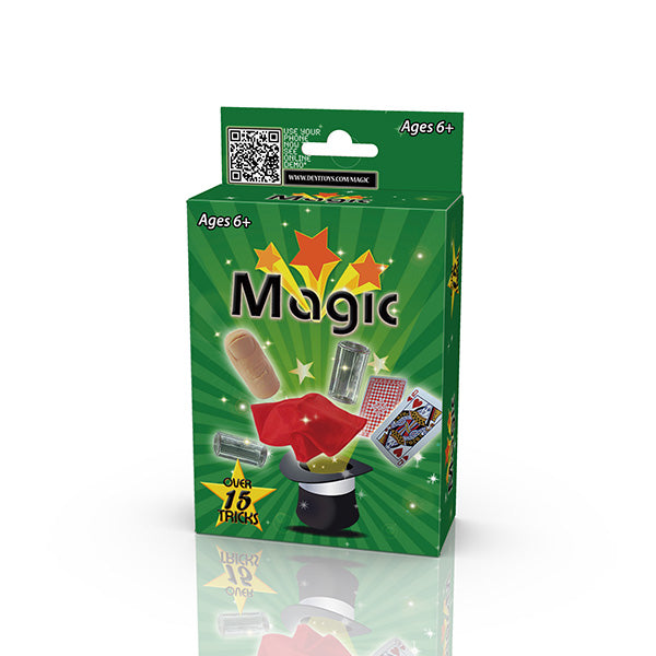 Green box of a magic set with toy props on a white background