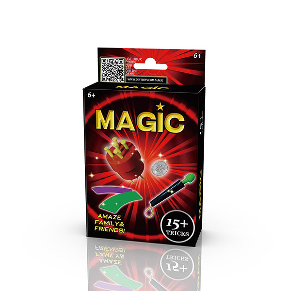 Box of magic tricks with red and black design on a white background