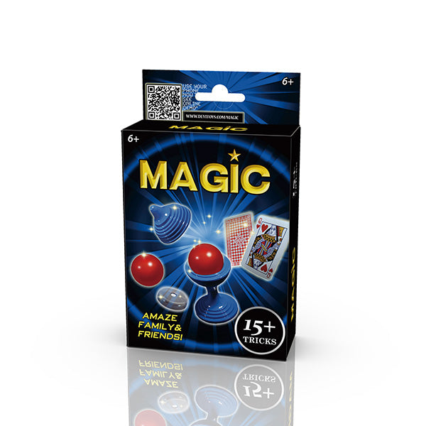Box of magic tricks with colorful design and text on a white background