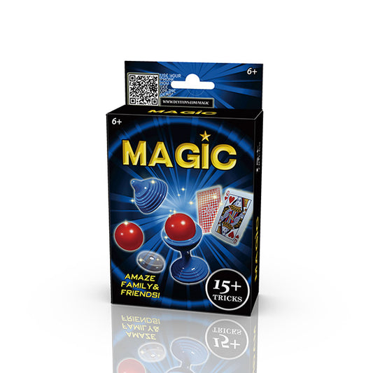 Box of magic tricks with colorful design and text on a white background