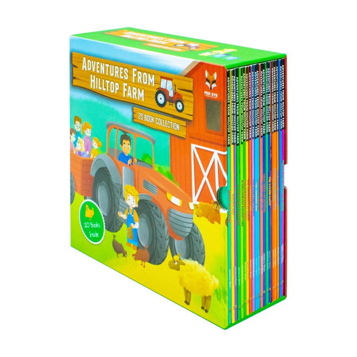 A boxed children's book collection titled "Adventures From Hilltop Farm" shown on a plain white background. The front cover features colorful farm illustrations, including a tractor, barn, people, animals, and a green badge that reads "12 Books in 120 Pages.