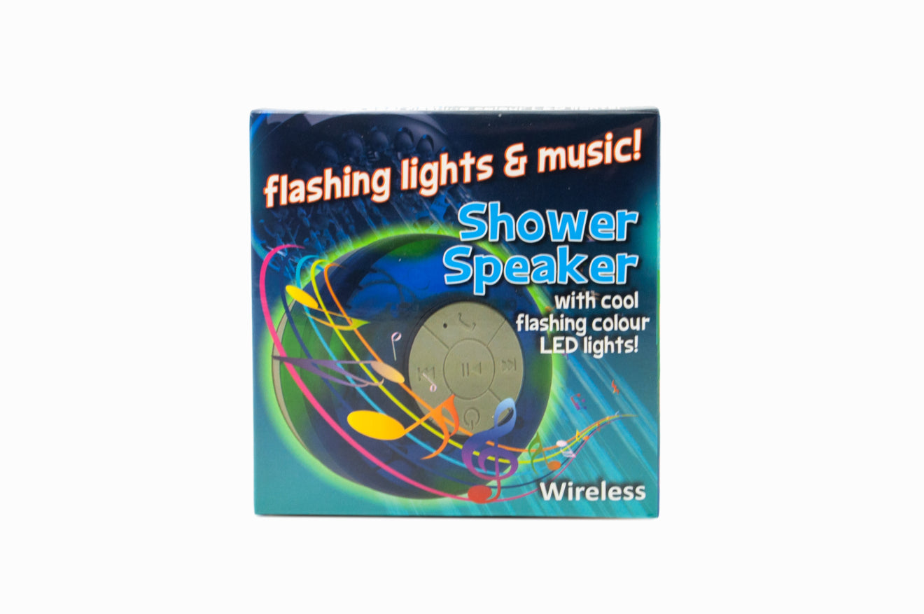 Shower speaker packaging with flashing lights and music text on a white background
