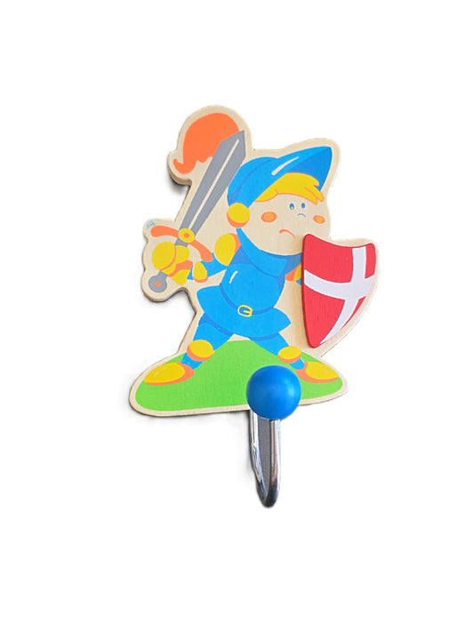 Colorful toy hook with a cartoon character holding a sword and shield on a white background
