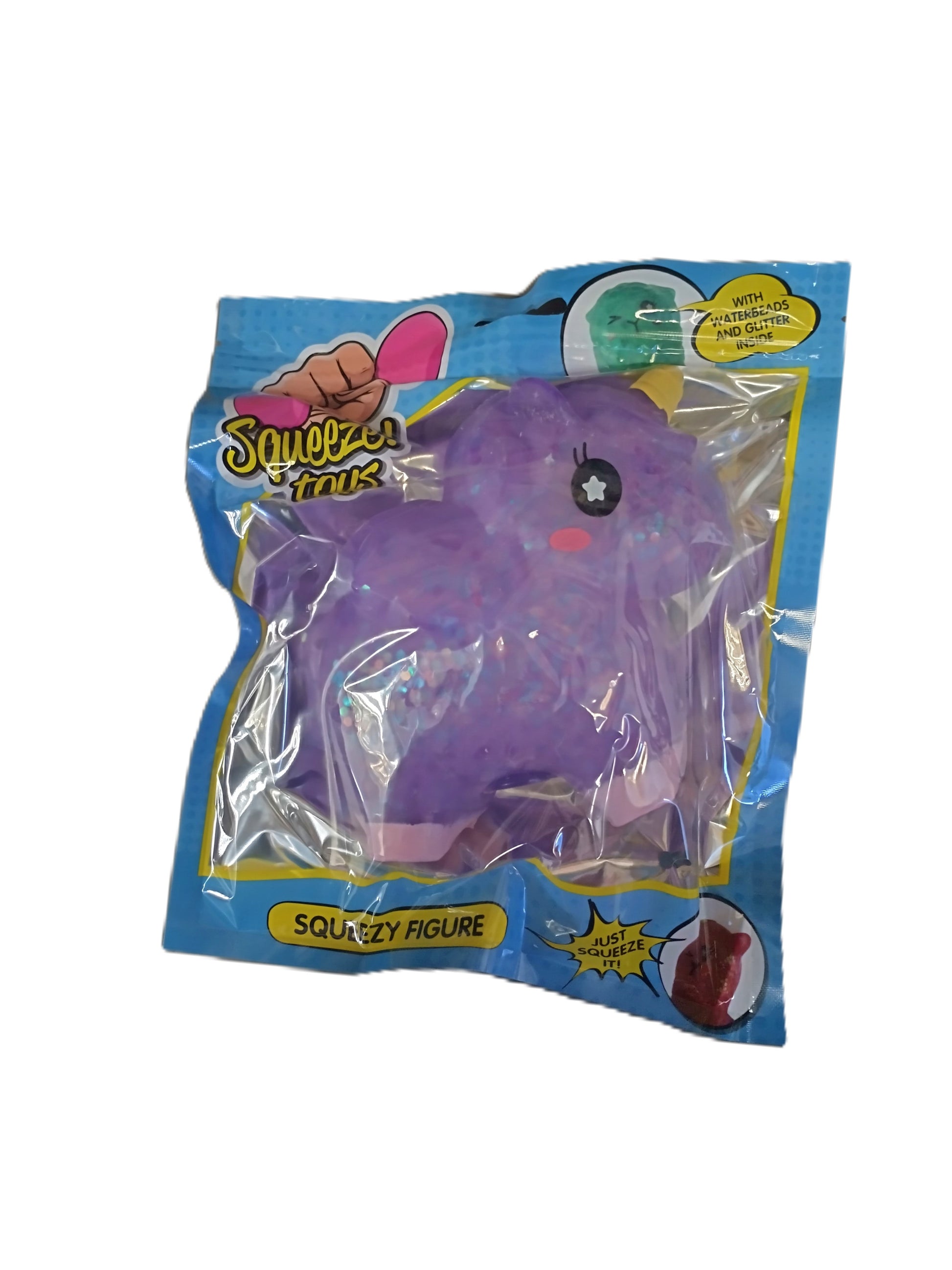 Purple squishy figure in a blue packaging with 'Squeeze' branding.
