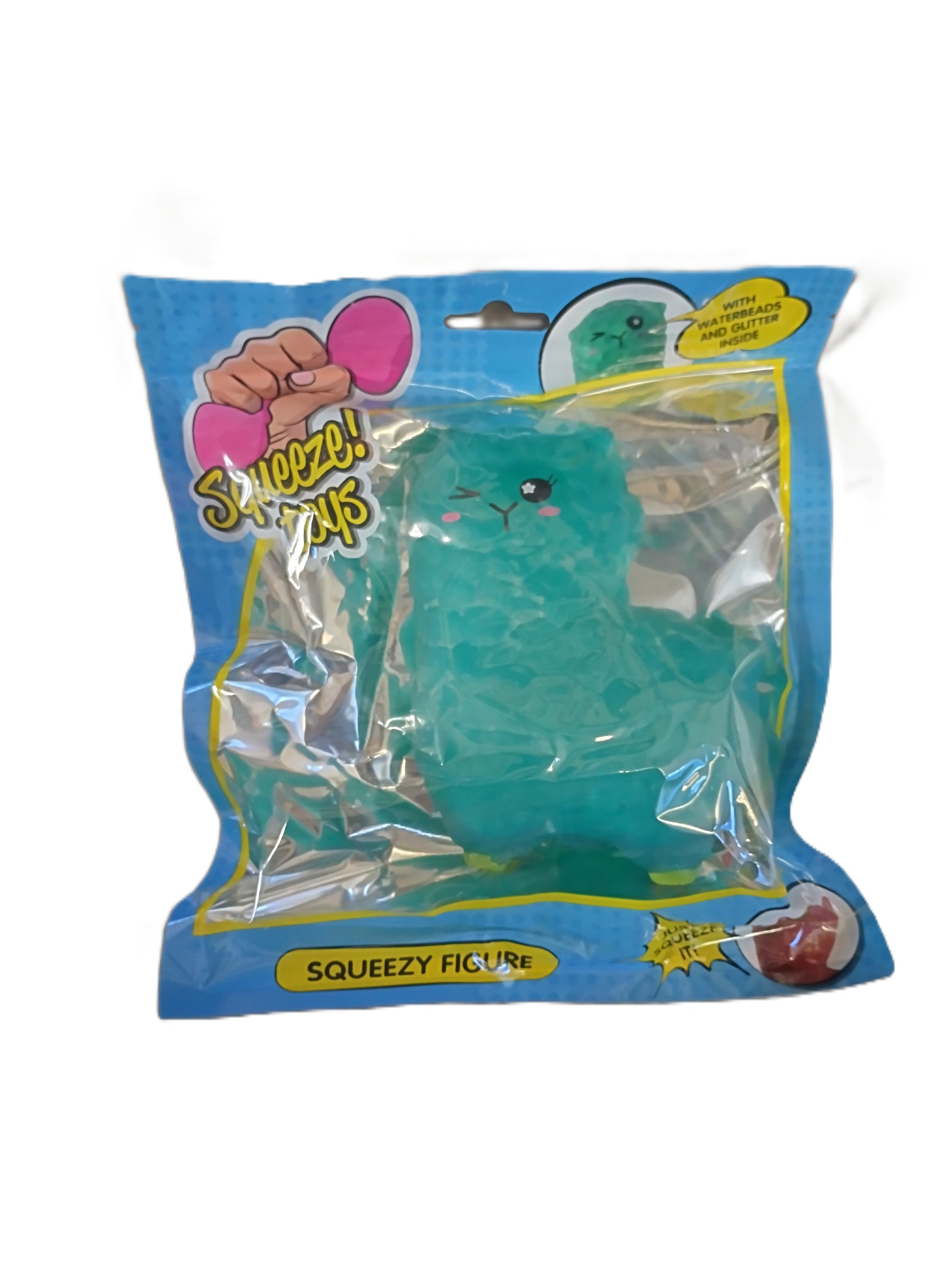 Blue squishy llama toy in a clear plastic bag with 'Squeeze!' branding on a white background