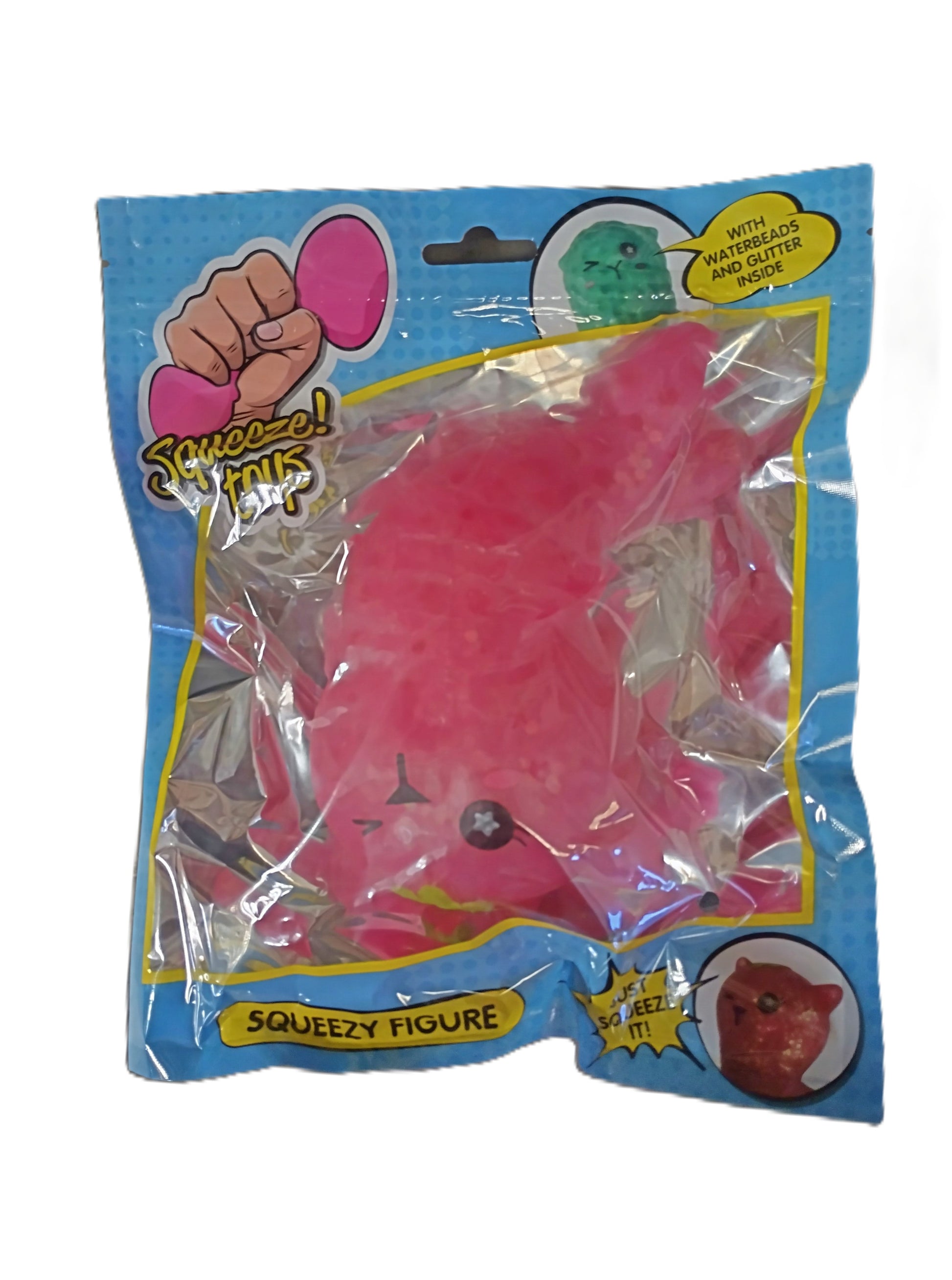 Pink squeezy figure in packaging with blue border and yellow accents