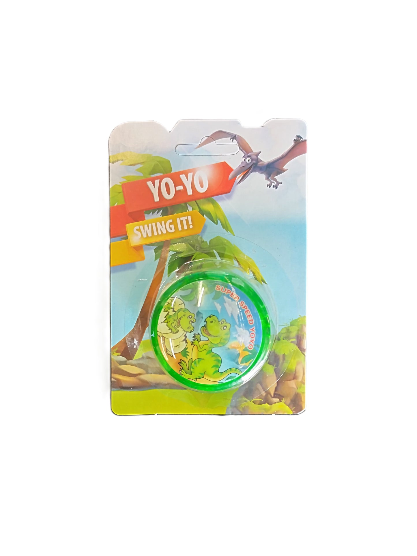 Packaged yo-yo with a dinosasur design on a white background