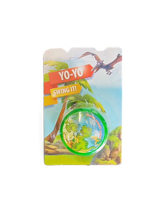 Packaged yo-yo with a dinosasur design on a white background