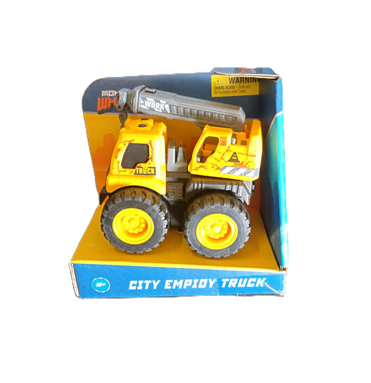 Toy city employ crane truck in packaging on a white background