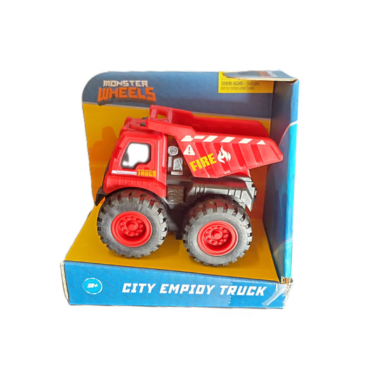 Toy dump truck in packaging with 'Monster Wheels' branding