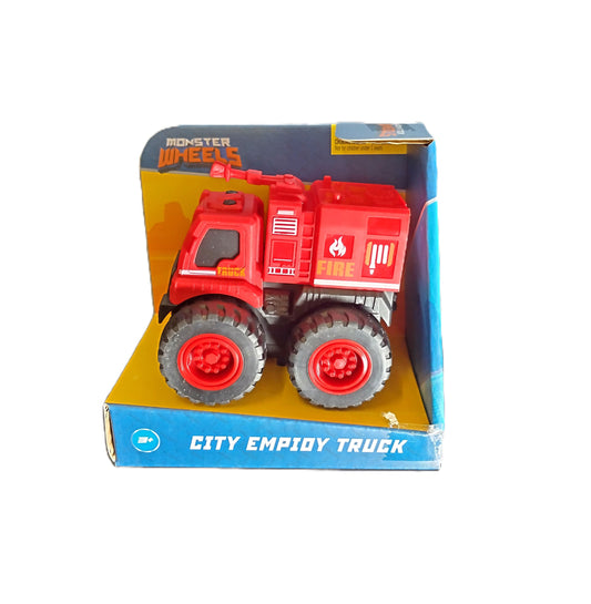 Red toy city employ fire truck in packaging on a white background