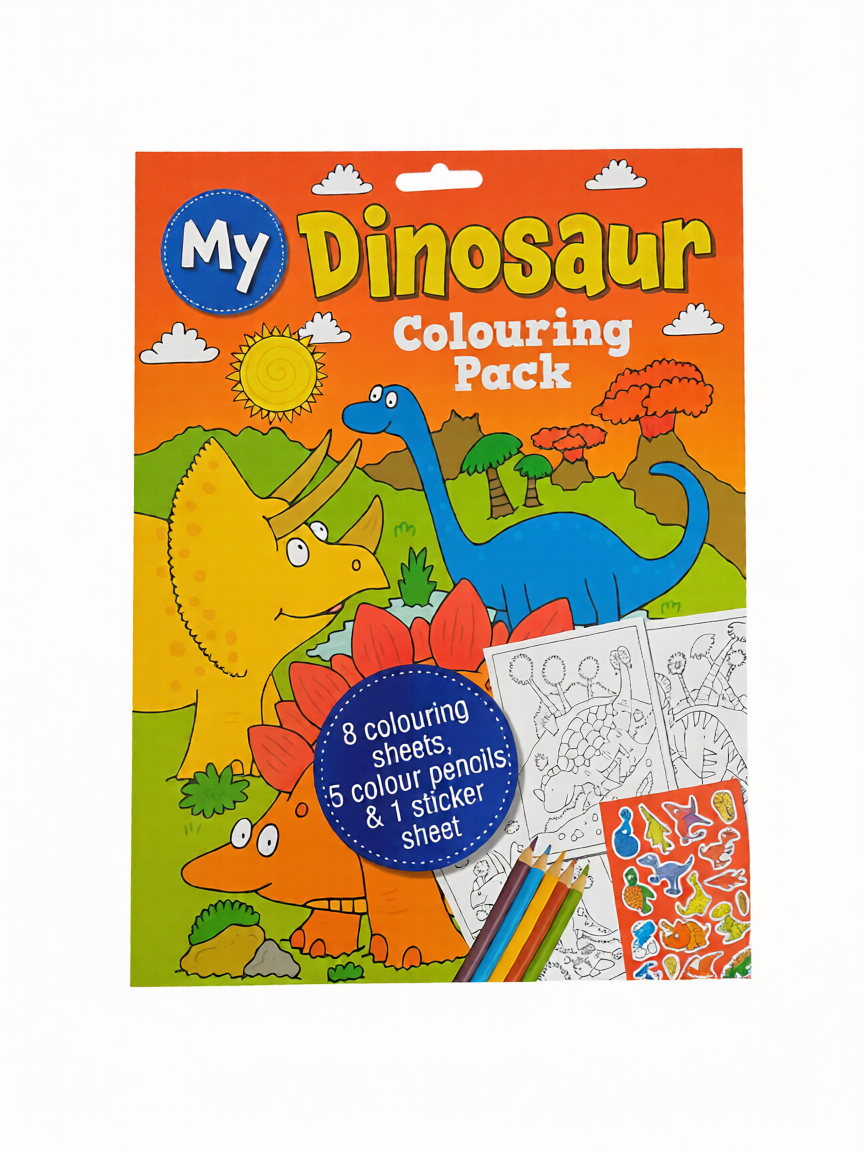 Dinosaur coloring pack with coloring sheets, color pencils, and a sticker sheet on an orange background.