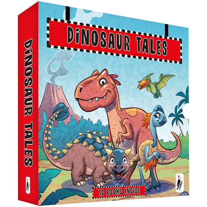 Book set titled 'Dinosaur Tales' with colorful dinosaur illustrations on a blue background.