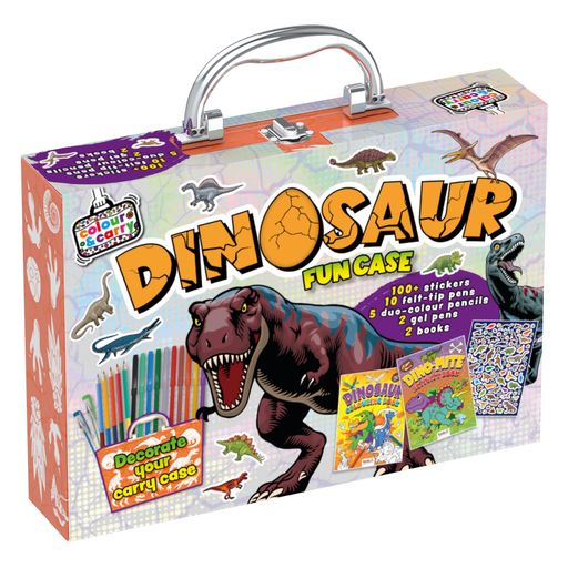 Dinosaur-themed fun case with colorful illustrations and text on a white background