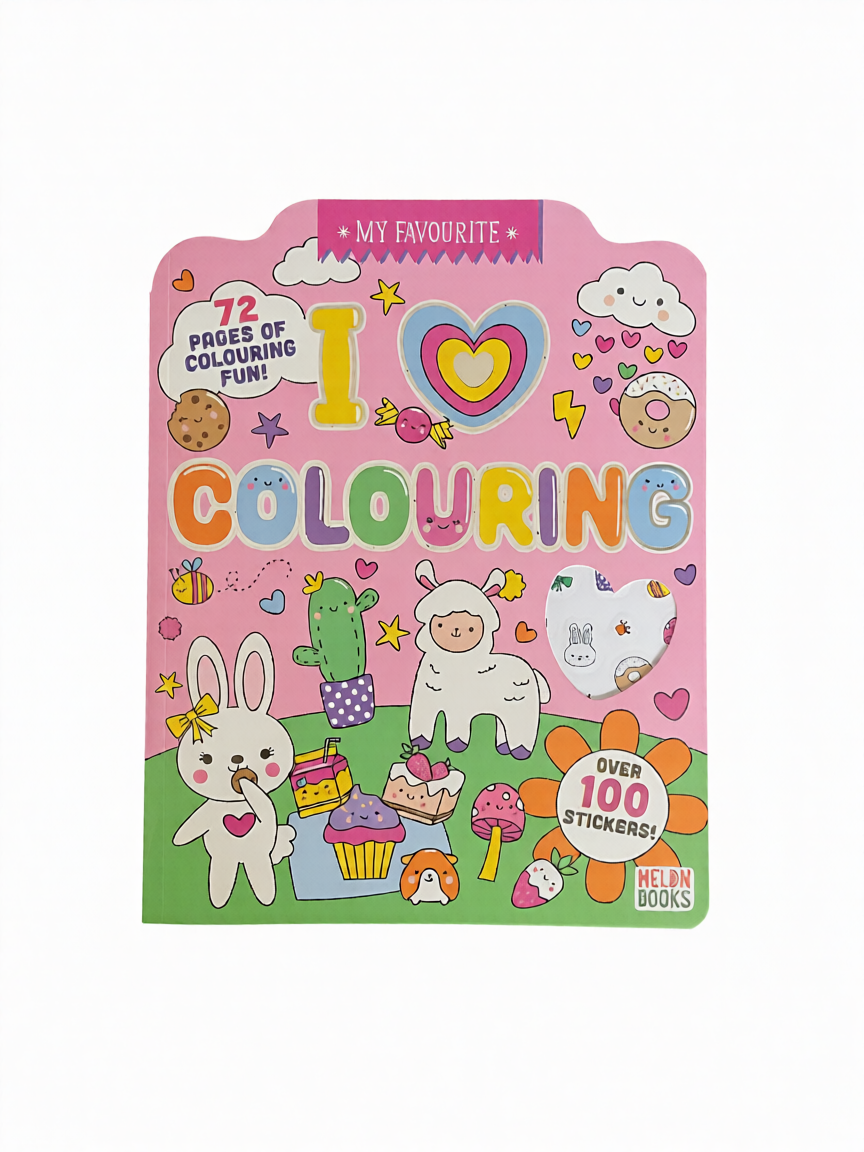 Children's Kawaii coloring book with cartoon characters and text on a pink background