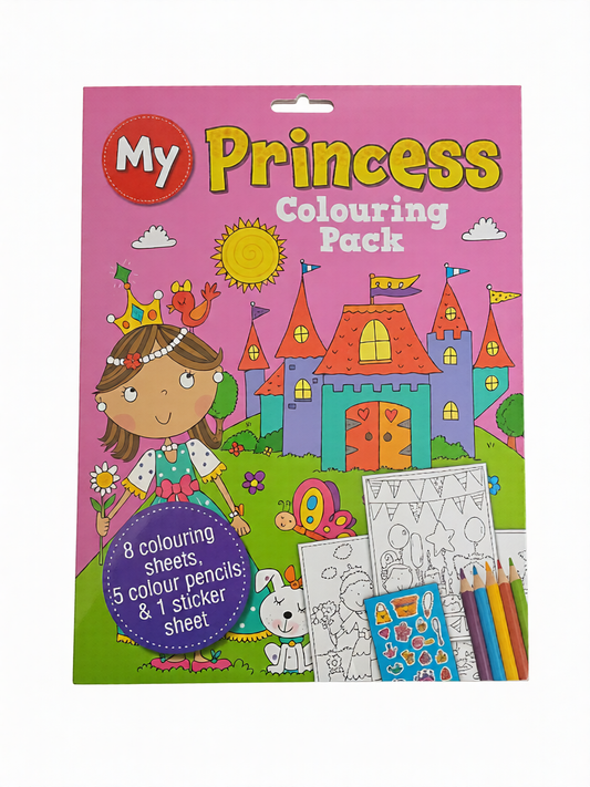 Princess coloring pack with coloring sheets, color pencils, and a sticker sheet on a pink background.