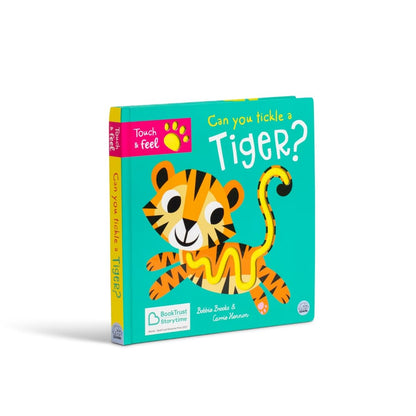 Children's book titled 'Can you tickle a Tiger?' with a tiger illustration on a white background