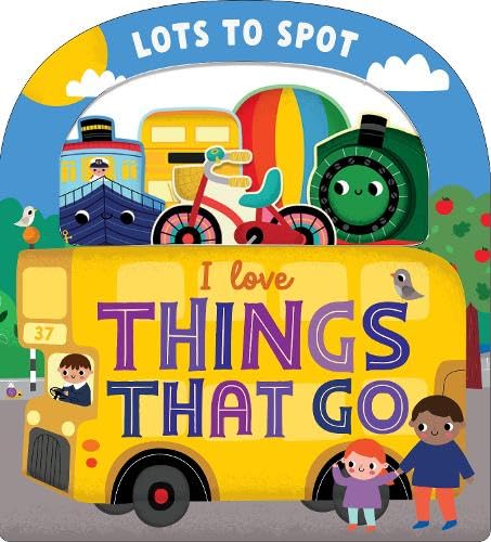 Children's book cover with a yellow bus, colorful vehicles, and children on a road.