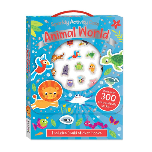 Sparkly Activity Case with animal-themed stickers and books on a white background