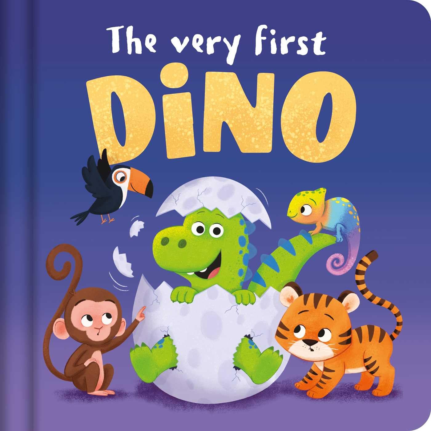 Book cover of 'The very first Dino' with cartoon animals and a dinosaur hatching.