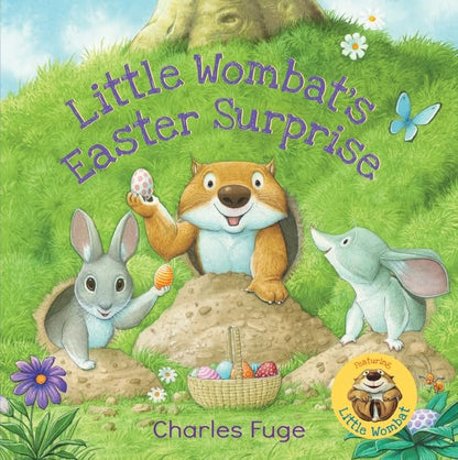 Book cover of 'Little Wombat's Easter Surprise' featuring a wombat, rabbit, and elephant with Easter eggs.