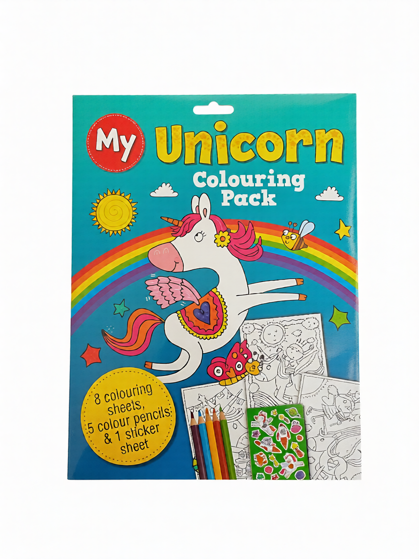 Unicorn coloring pack with coloring sheets, color pencils, and stickers on a blue background