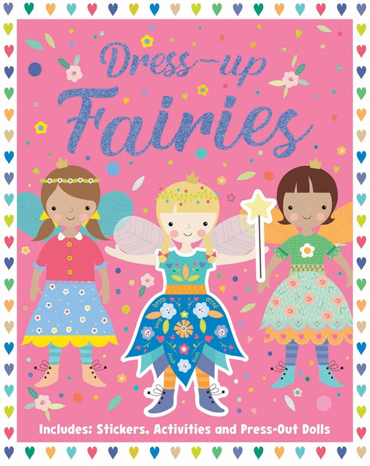Book cover of 'Dress-up Fairies' with colorful illustrations on a pink background.