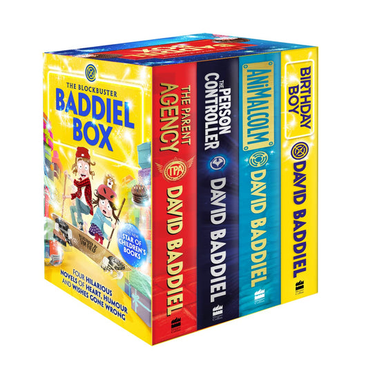 Box set of books by David Baddiel with colorful covers on a white background