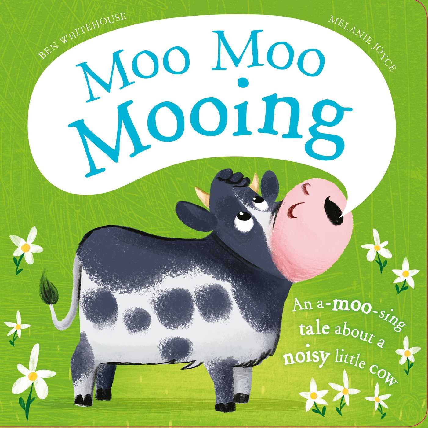 Book cover of 'Moo Moo Mooing' with a cartoon cow on a green background