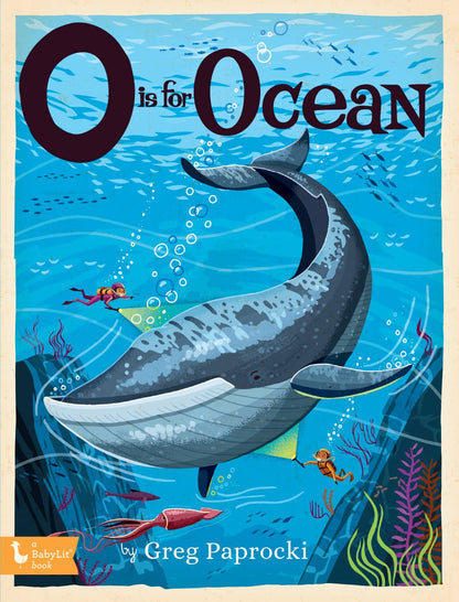 Book cover of 'O is for Ocean' with a whale and diver illustration.