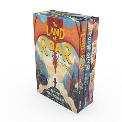 Box set of 'The Land of Roar' trilogy books with colorful design on a white background