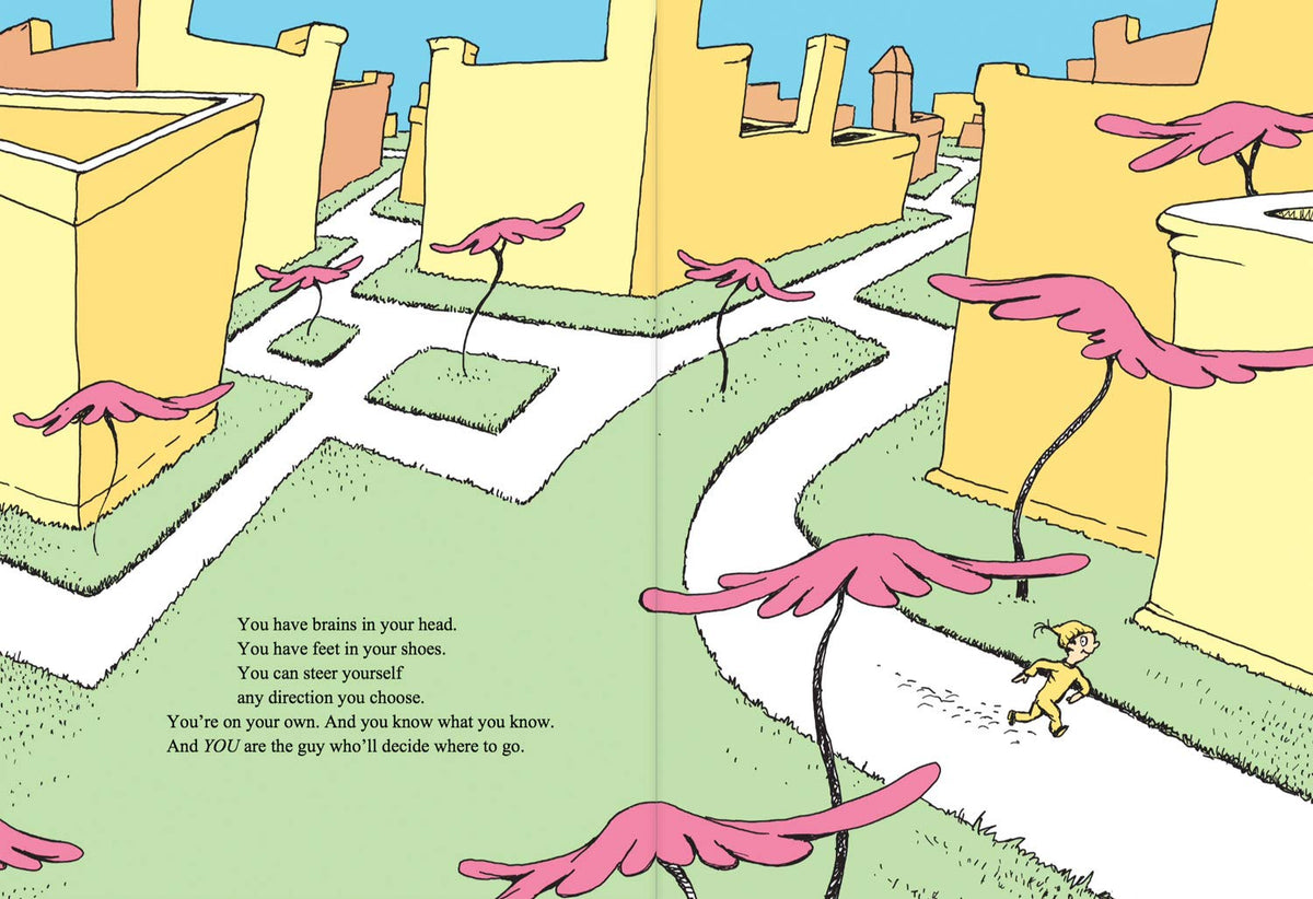 Inside page: a child in yellow walking a winding path through a town