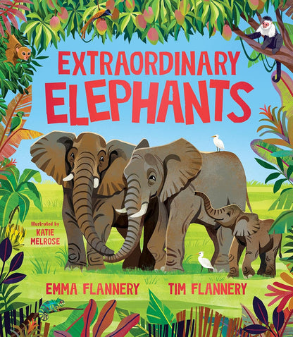 Book cover of 'Extraordinary Elephants' with elephants and jungle elements.