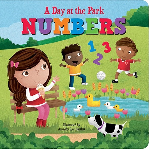 Children's book cover titled 'A Day at the Park Numbers' with cartoon children and numbers.
