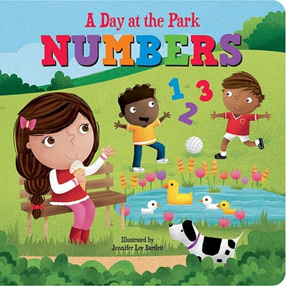 Children's book cover titled 'A Day at the Park Numbers' with cartoon children and numbers.