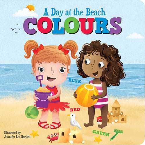 Children's book cover titled 'A Day at the Beach Colours' with two children on a beach.