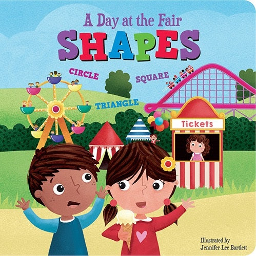 Book cover of 'A Day at the Fair Shapes' with two children and fairground elements.