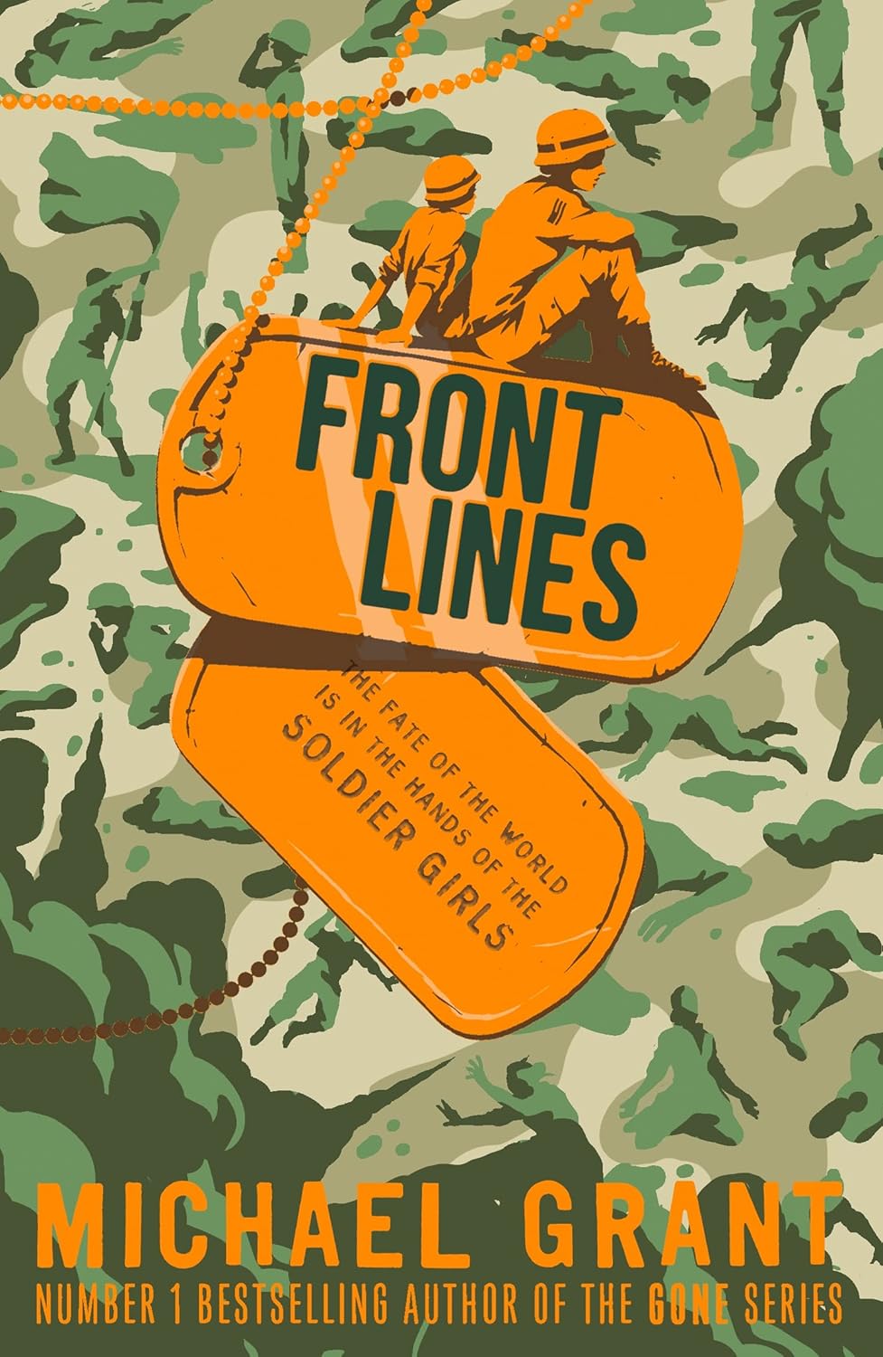 Book cover of 'Front Lines' with soldiers and orange tags on a camouflage background