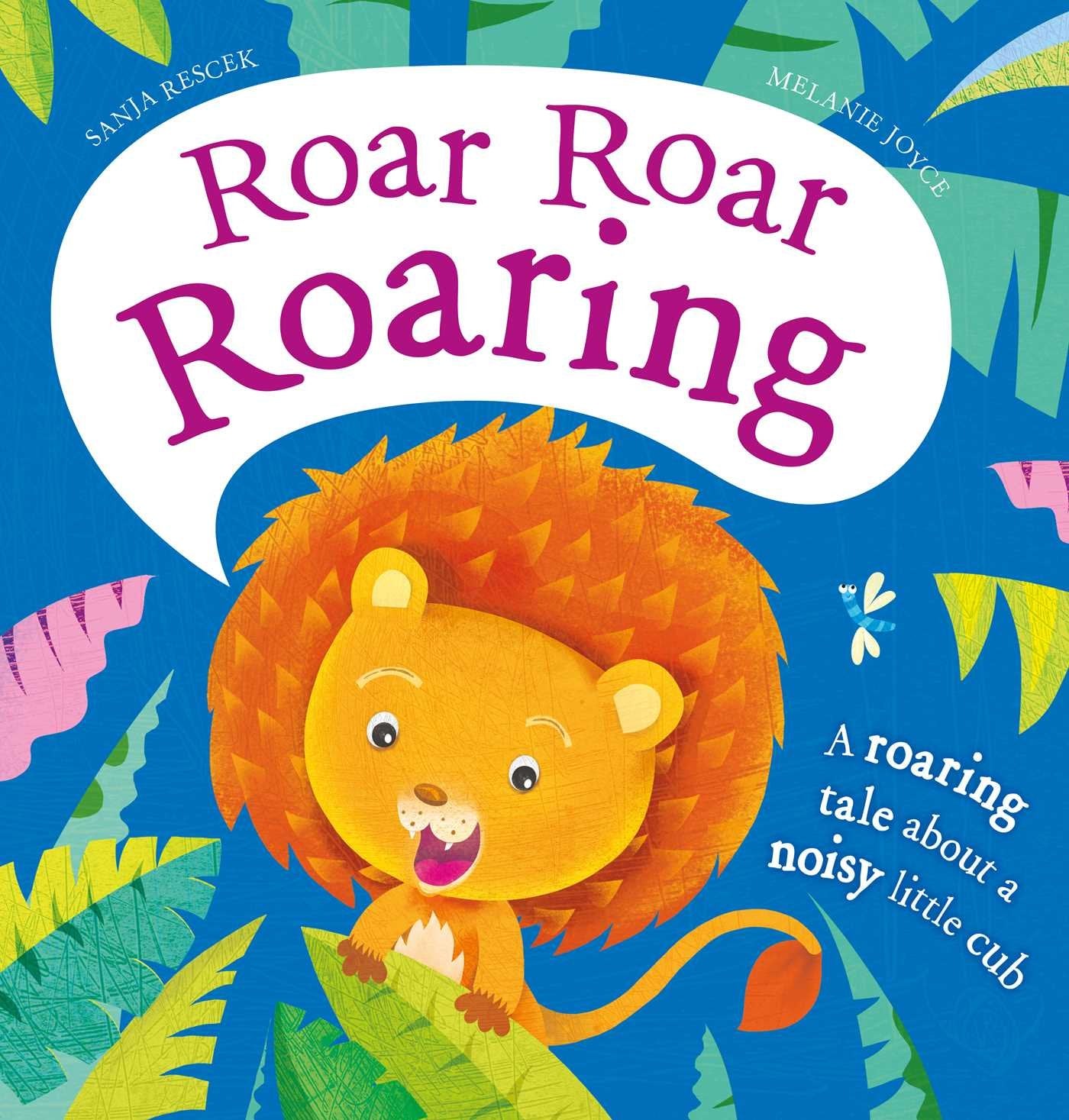 Book cover of 'Roar Roar Roaring' with a lion illustration and colorful leaves.