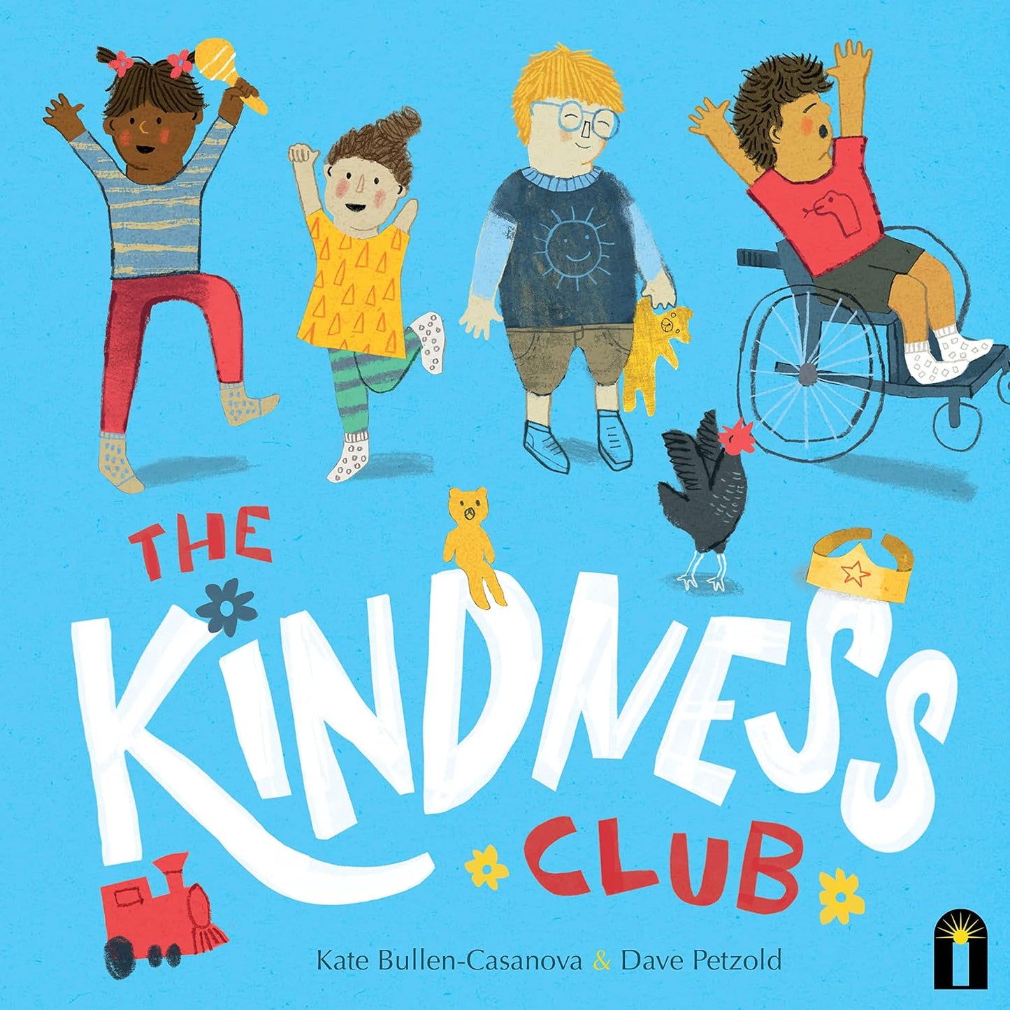 Book cover of 'The Kindness Club' with illustrations of children and a chicken on a blue background.